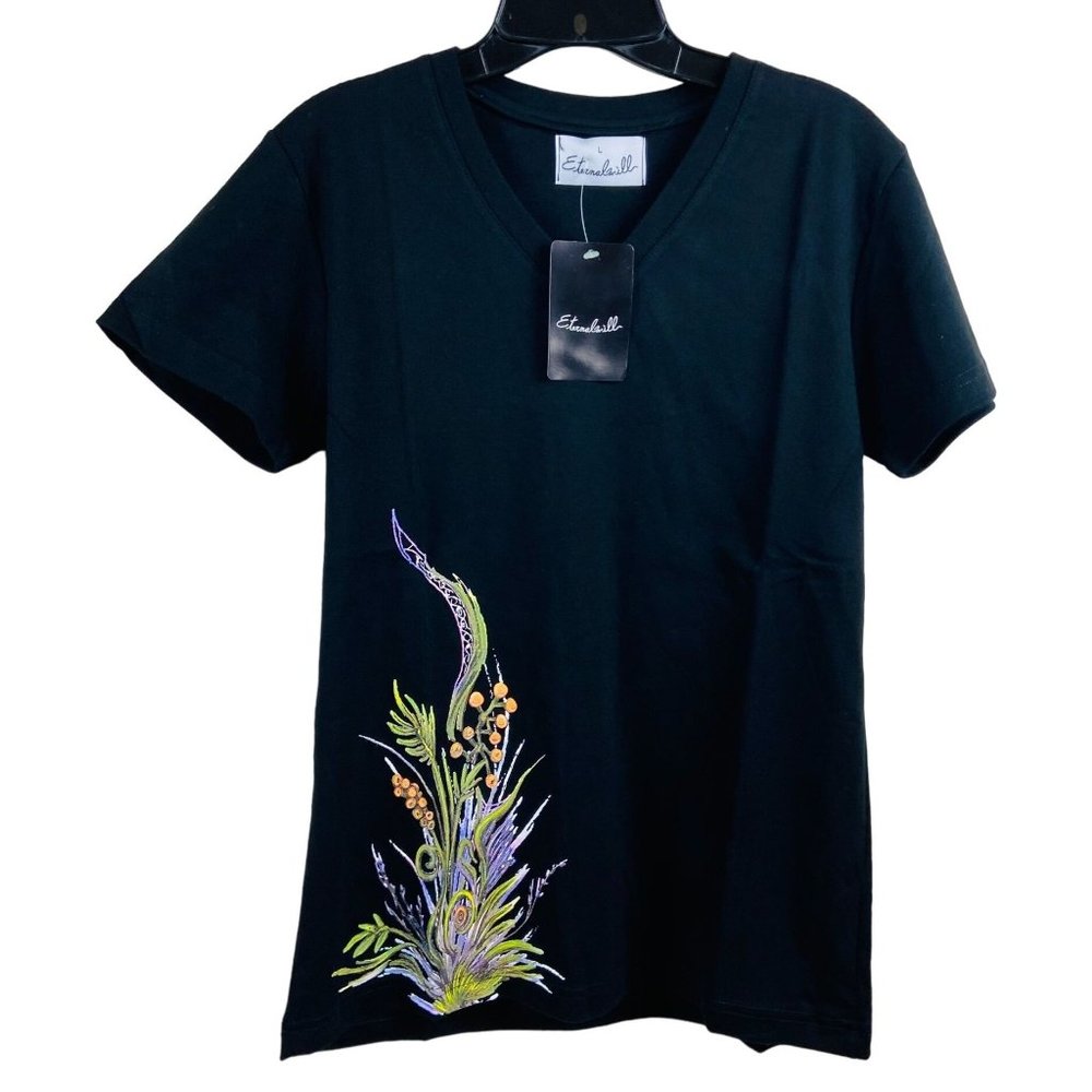 Eternal Will T-Shirt Womens V-neck Hand Painted Flowers Black Large NWT Tshirt